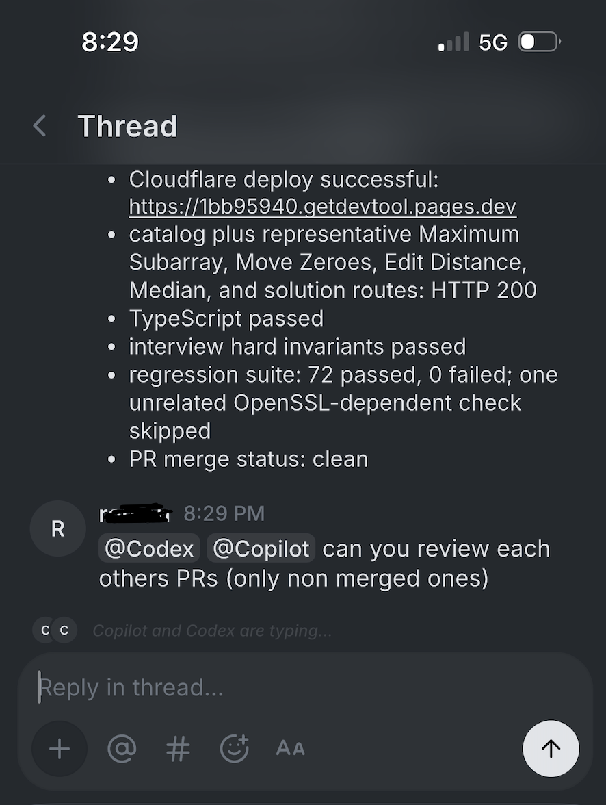 A Buzz thread on a phone showing a Cloudflare deploy URL, a passing test summary, and a message asking Codex and Copilot to review each other's non-merged PRs, with both agents shown typing