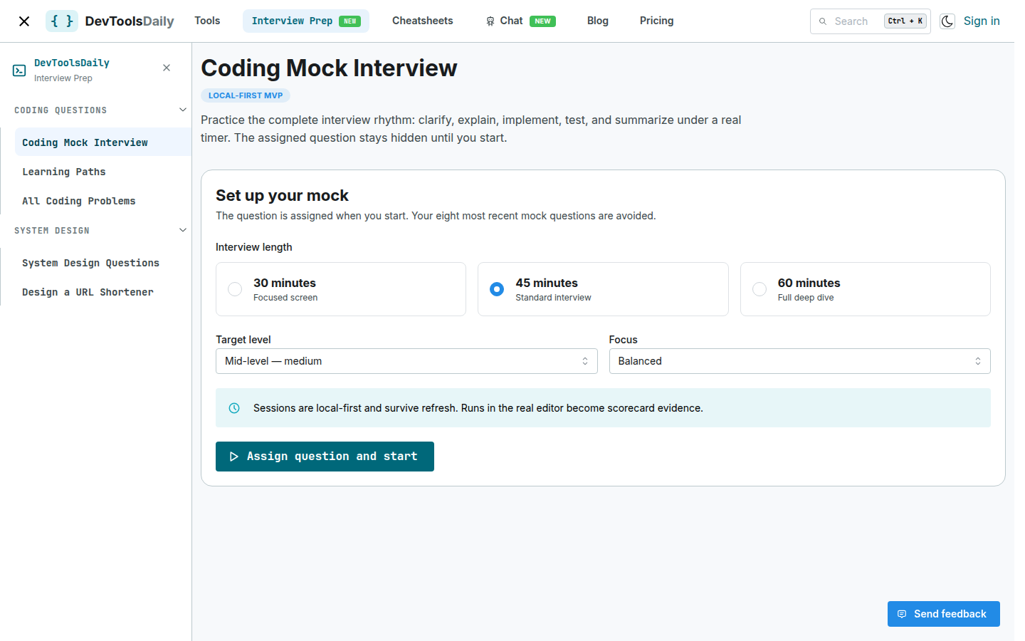 DevToolsDaily's coding mock interview setup screen with interview length, target level, and focus options