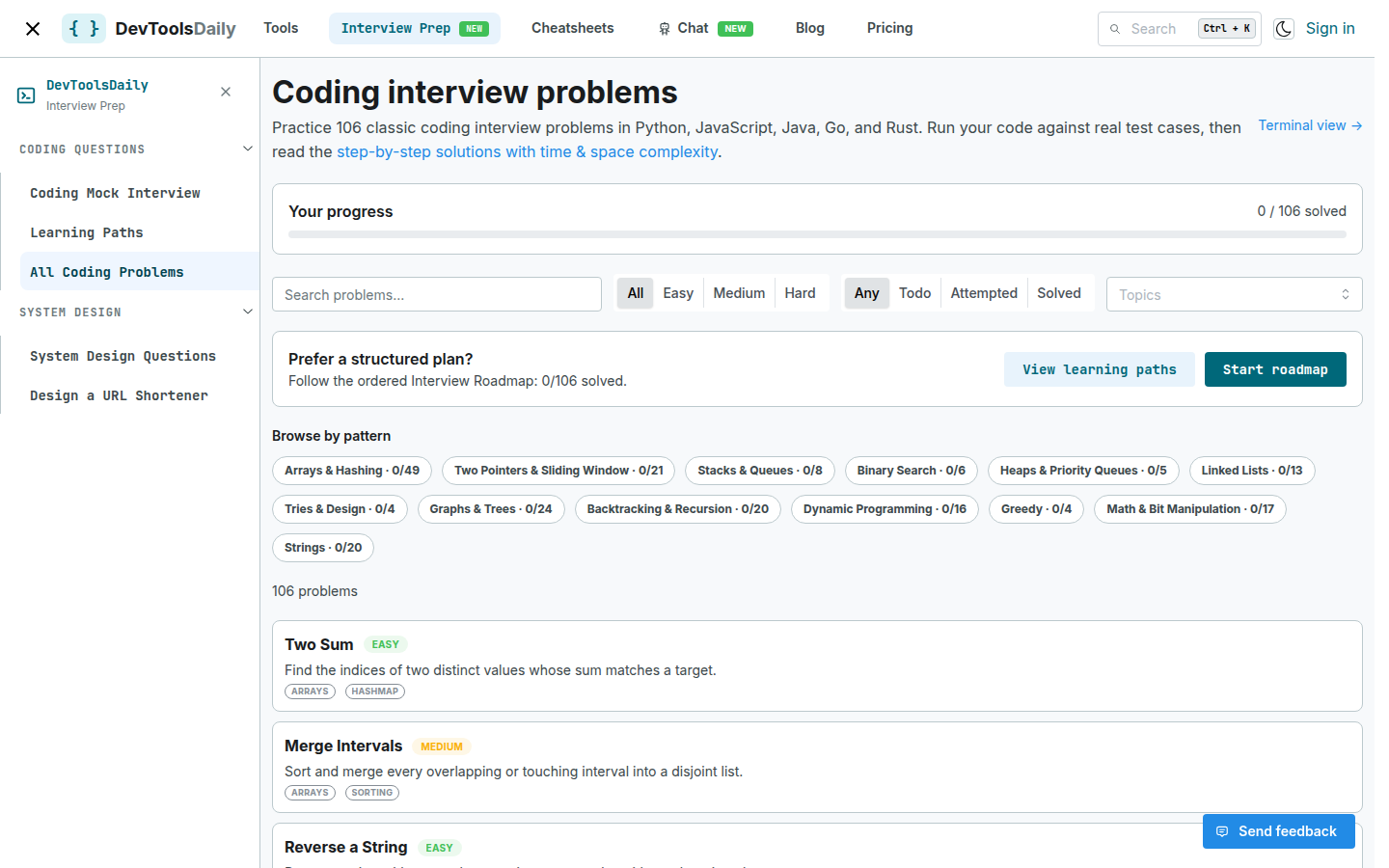 DevToolsDaily's coding interview problems dashboard showing 106 problems, progress tracking, and pattern filters