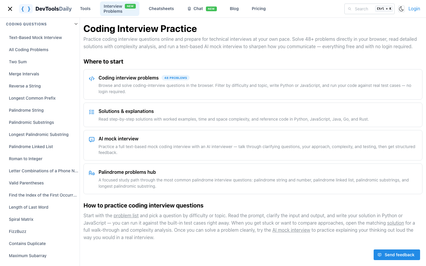 The DevTools Daily interview hub showing coding problems, solutions, and AI mock interview sections