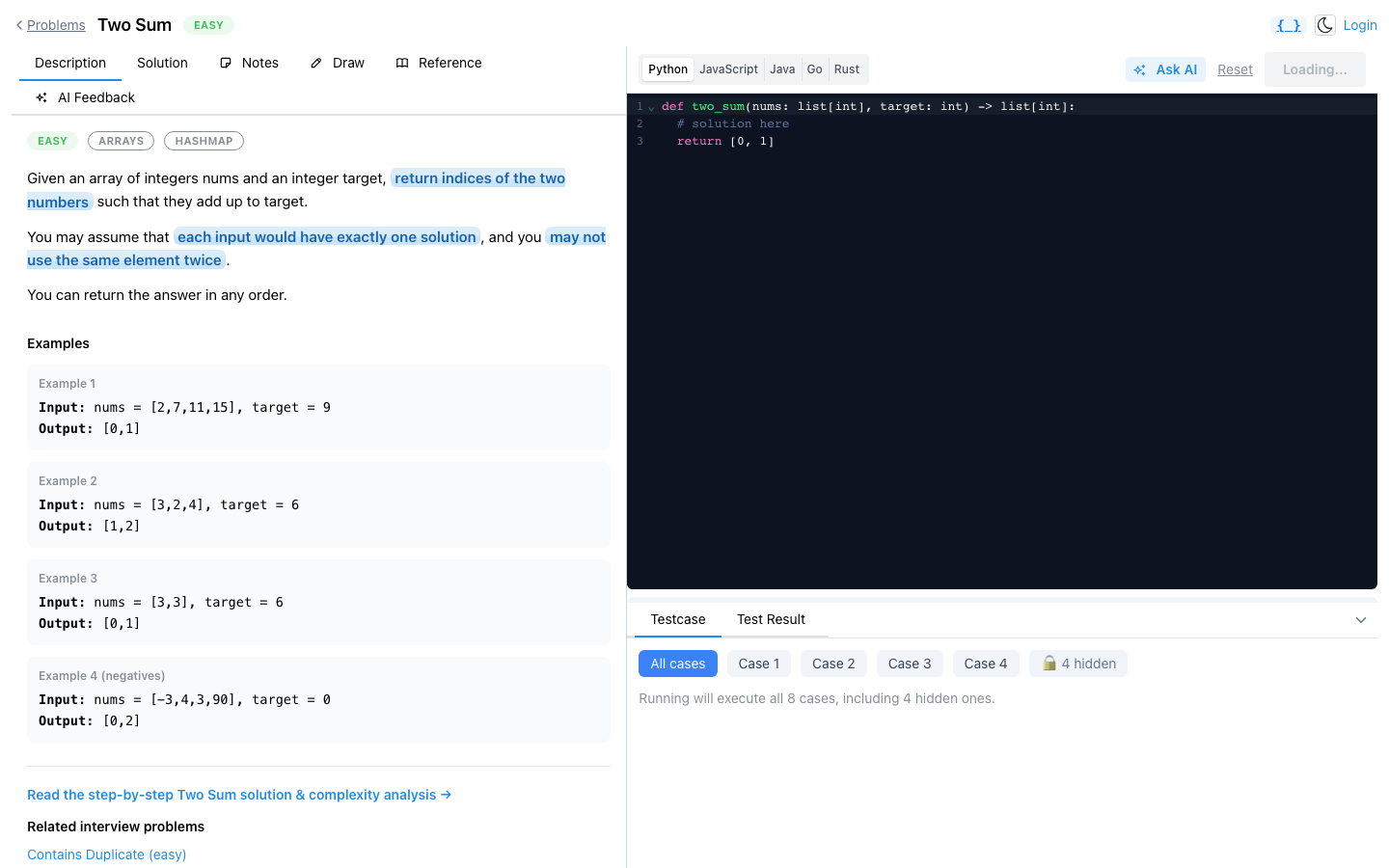 Two Sum problem page with the code editor, language switcher, test cases, and console output