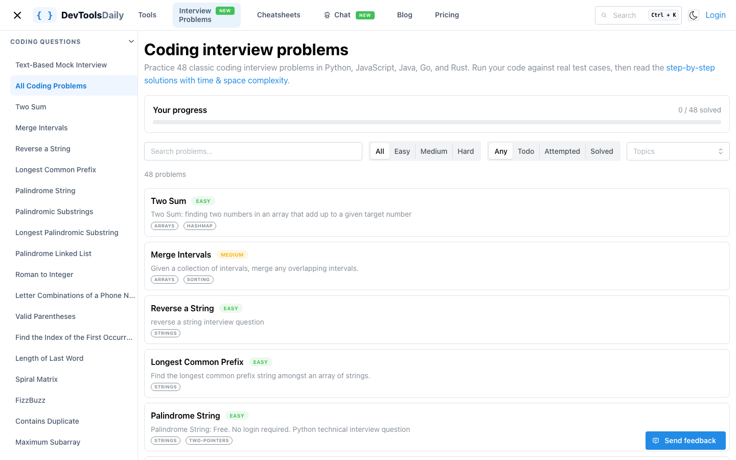 Coding interview problems dashboard listing 48 problems with difficulty, status, and topic filters