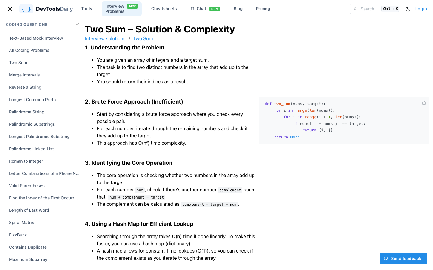 Two Sum step-by-step solution page explaining the brute-force approach and the hash-map optimization with complexity analysis